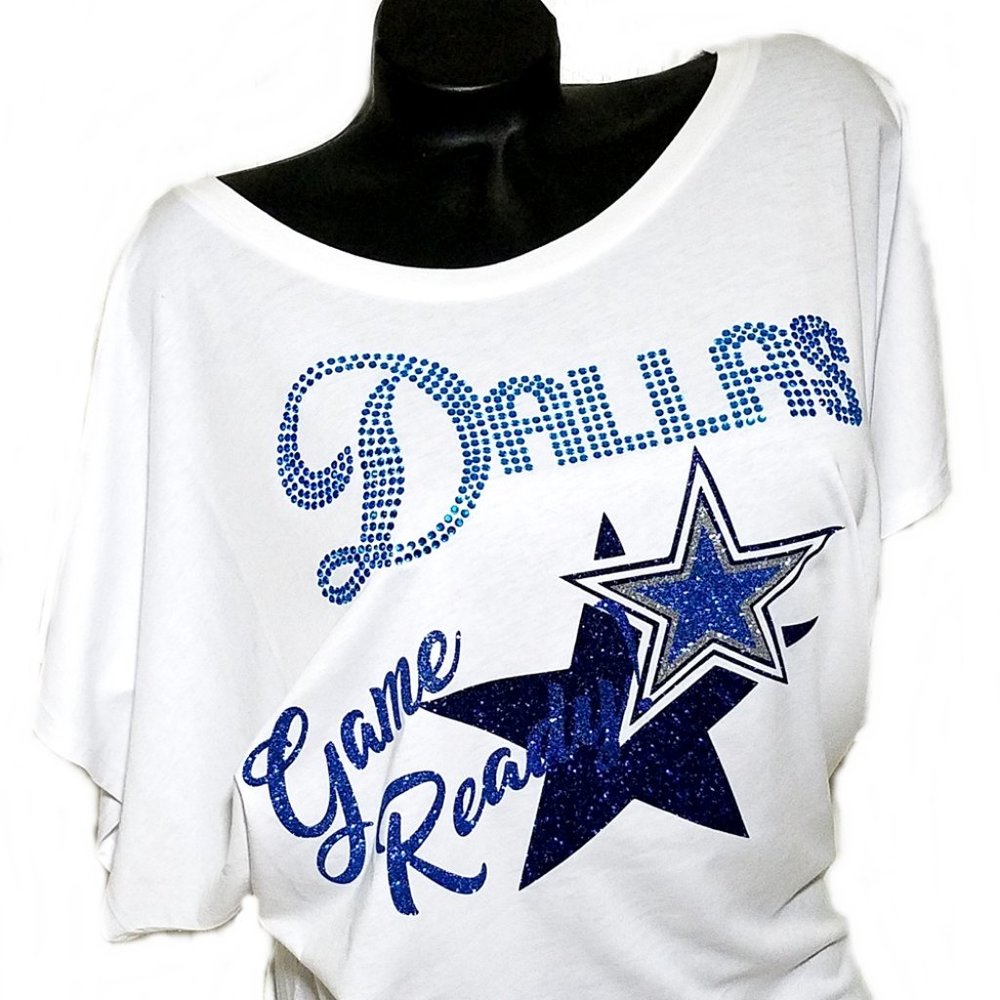 Dallas Game Ready White  Flowy Hi/Lo Top with Shiny Lettering and Crystals.